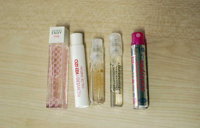 Perfume Samples - Gucci Envy, Flower by Kenzo, YSL Saharienne, Donna Karan Cashmere, Britney Radiance