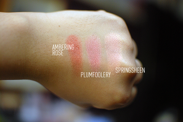 MAC Haul - Blushes - Swatches - Ambering Rose, Plumfoolery, Springsheen