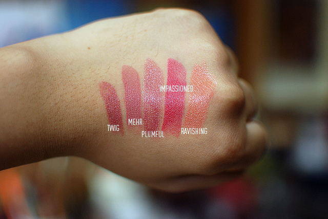 MAC Haul - Lipsticks - Swatches - Twig, Mehr, Plumful, Impassioned, Ravishing