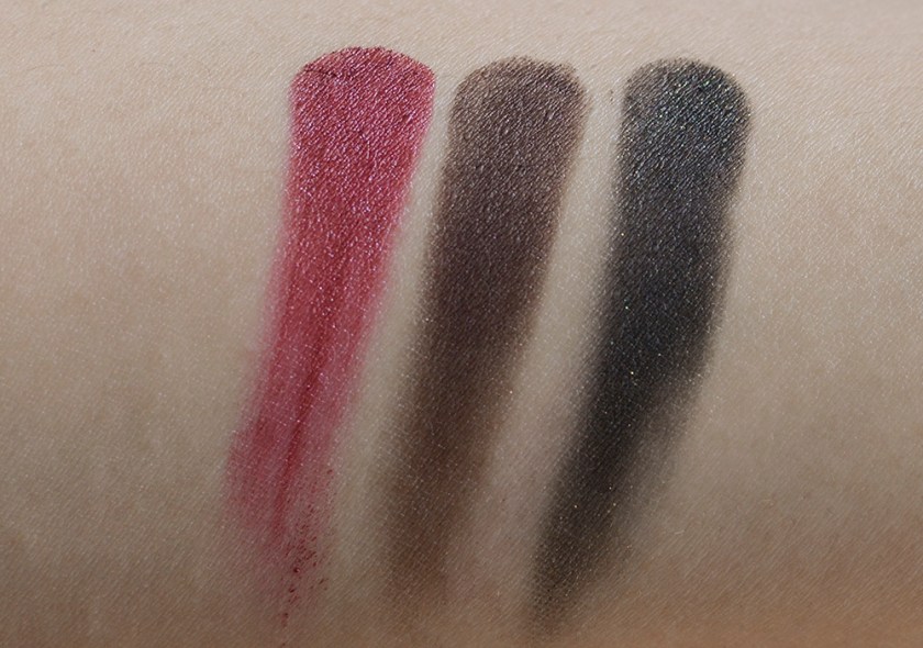 3CE Gel Eye Liner - Swatches - LOVE, Glitter Red Bean, Glitter Khaki