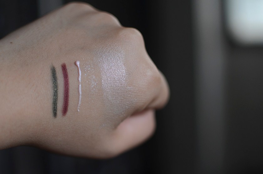 Too Cool for School - Dinoplatz - Eye Krrrayon Moss on the Rocks and Medium Rare Please, eye Shadow on Flatiron in Lavender, Pearl Bay Invasion in Mother of Pearl - Swatches